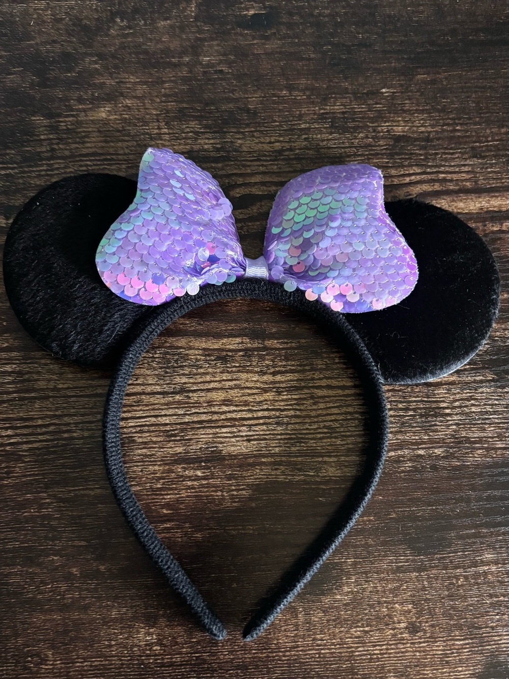 Disney Minnie Mouse Ears Headband Black Plush Purple Iridescent Sequin Bow